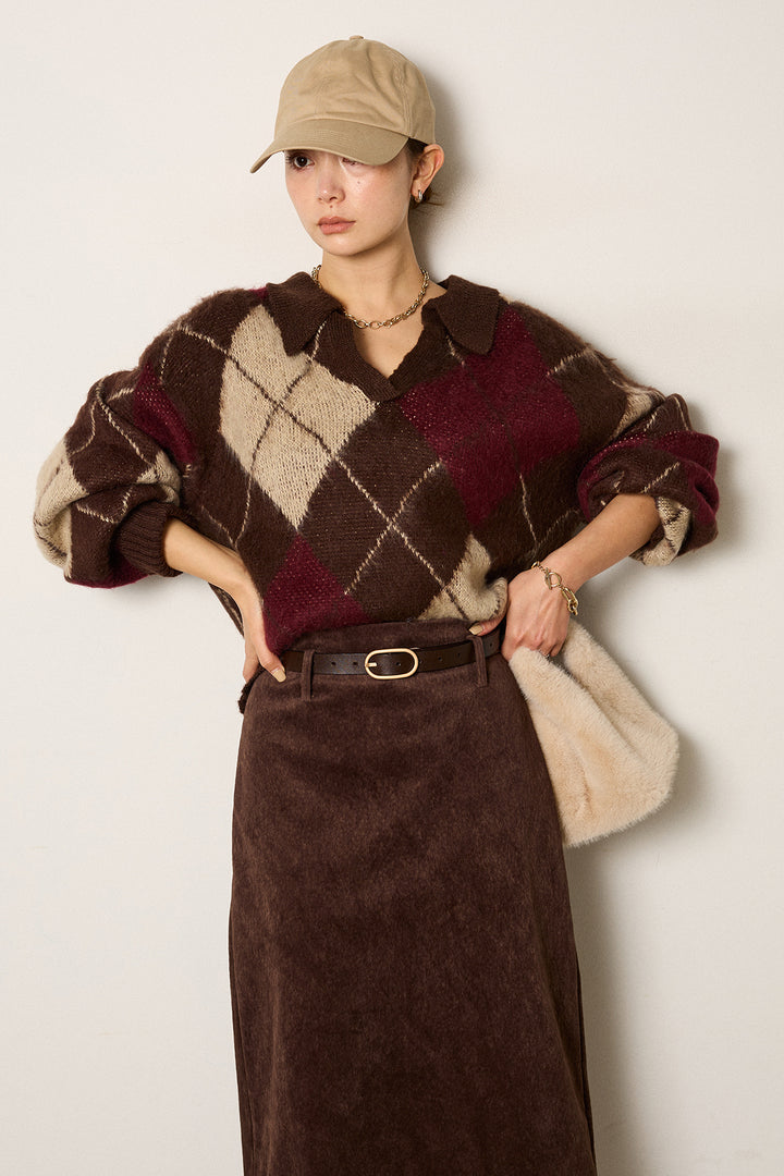 [SET]アクリルモヘアアーガイルキーネックプルオーバー+ロープベルト付きスウェード調スカート(2set)