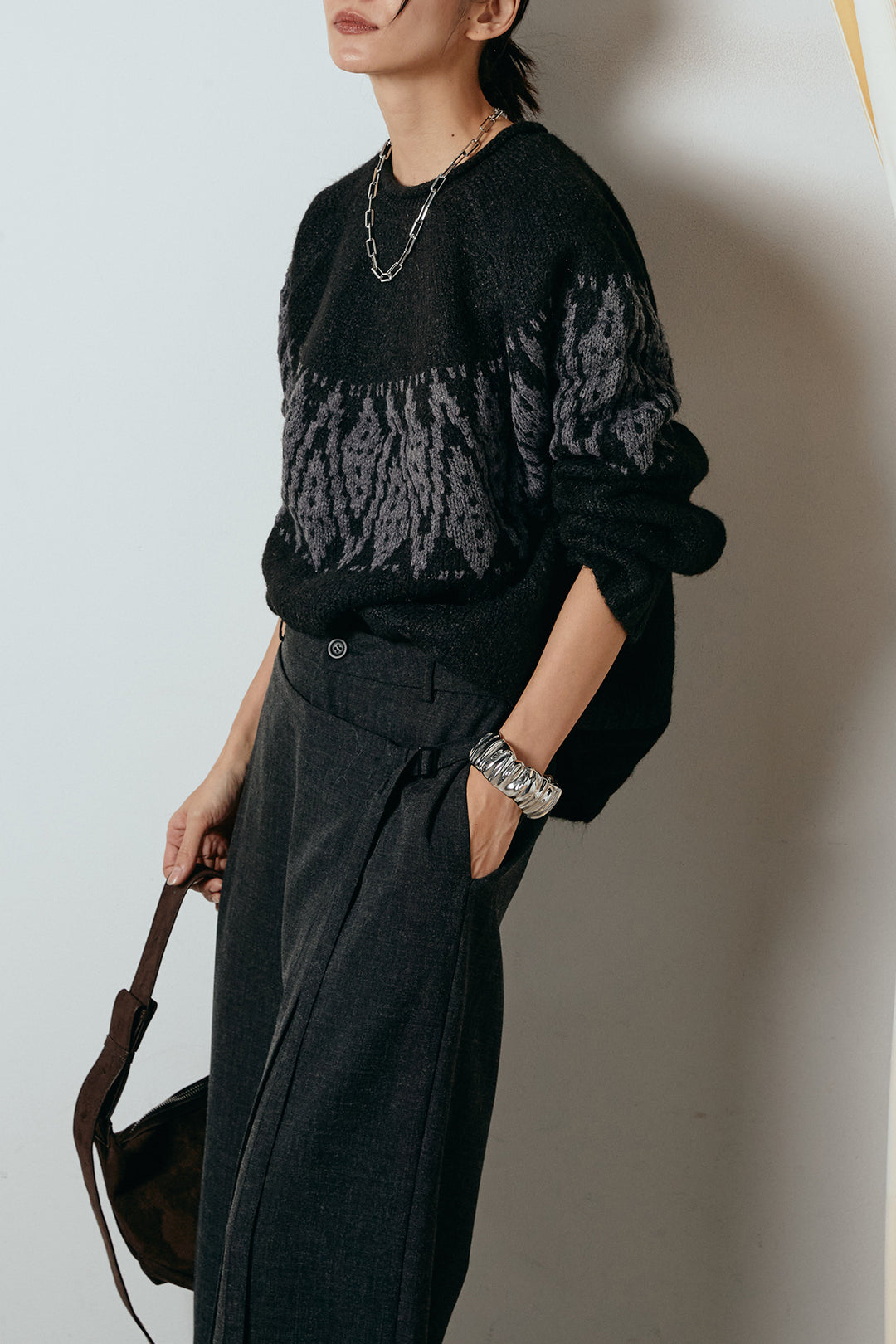 [SET]モノトーン柄ニットトップス+ラップ巻きワイドスラックス(2set)