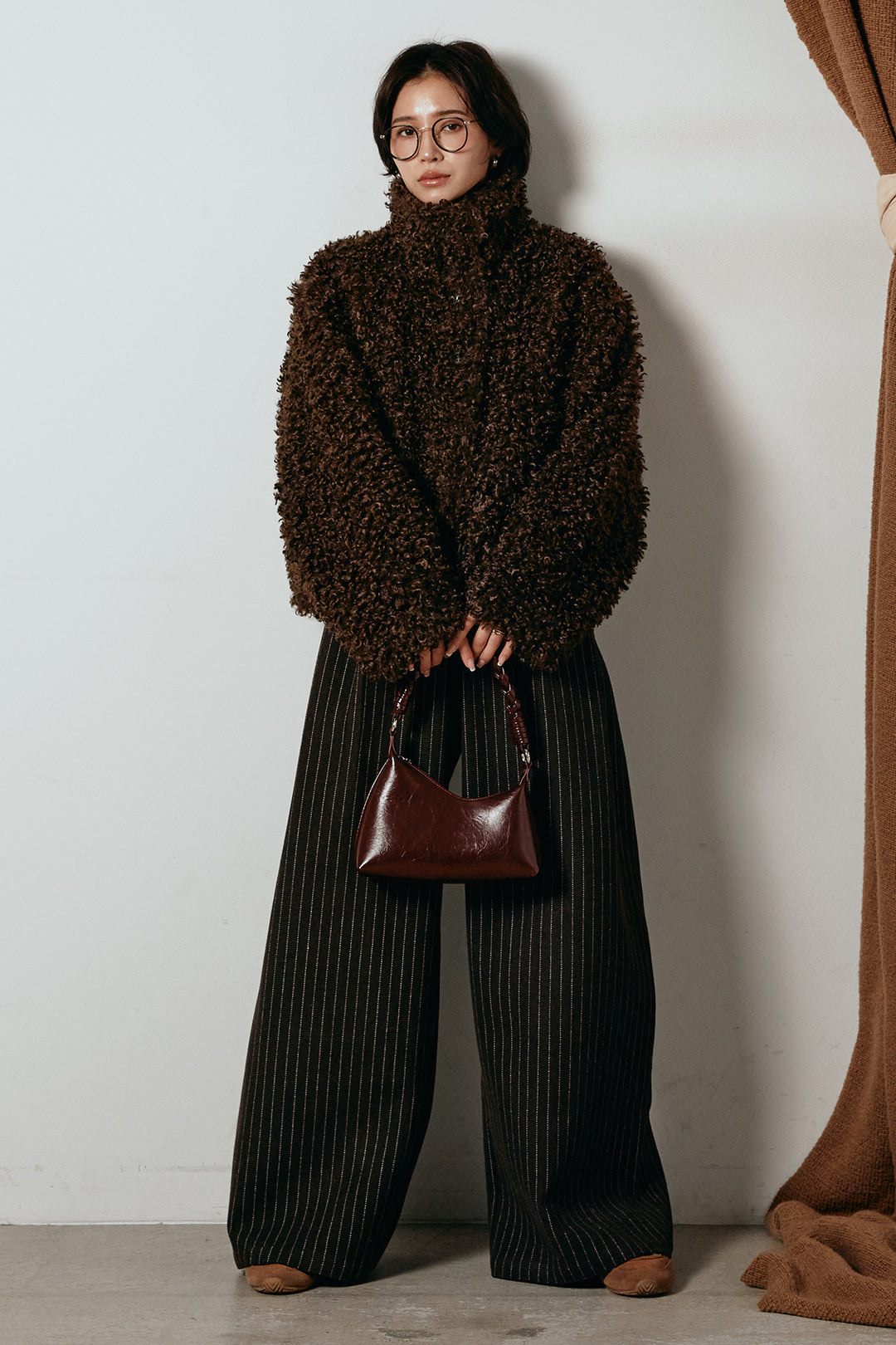 [SET]プードルファーミドルジャケット+ウールライクストライプパンツ(2set)