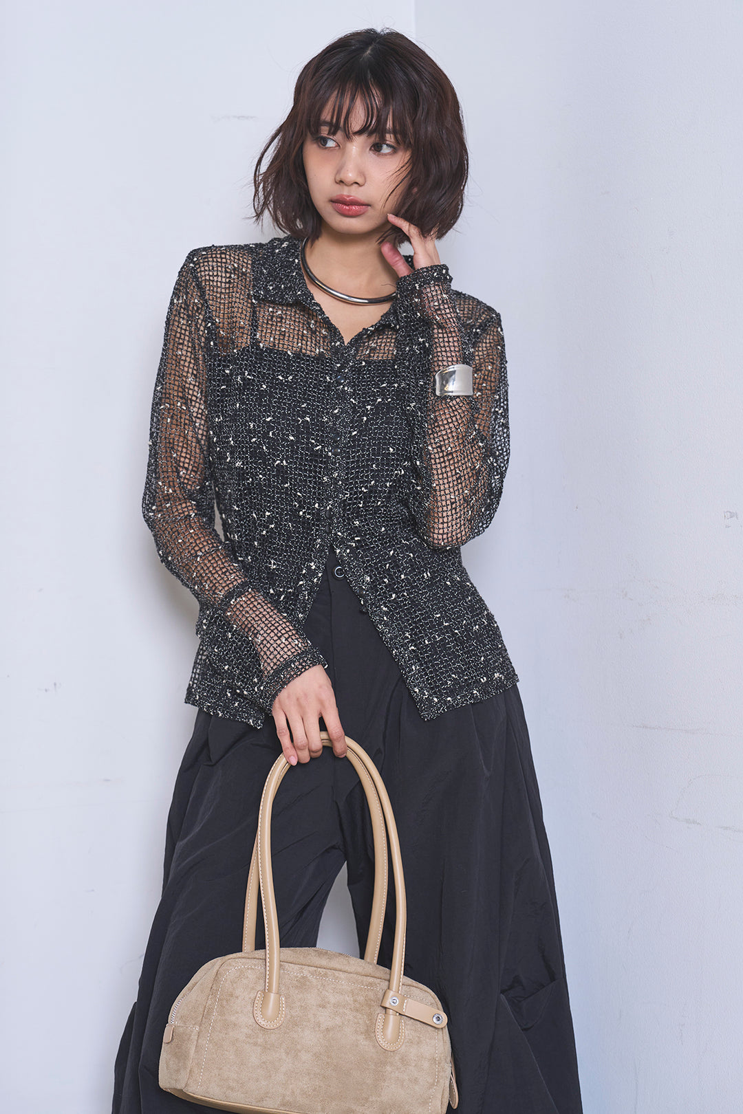 [SET]ネップメッシュポロ襟カーディガン+ドライタフタタックバレルパンツ(2set)