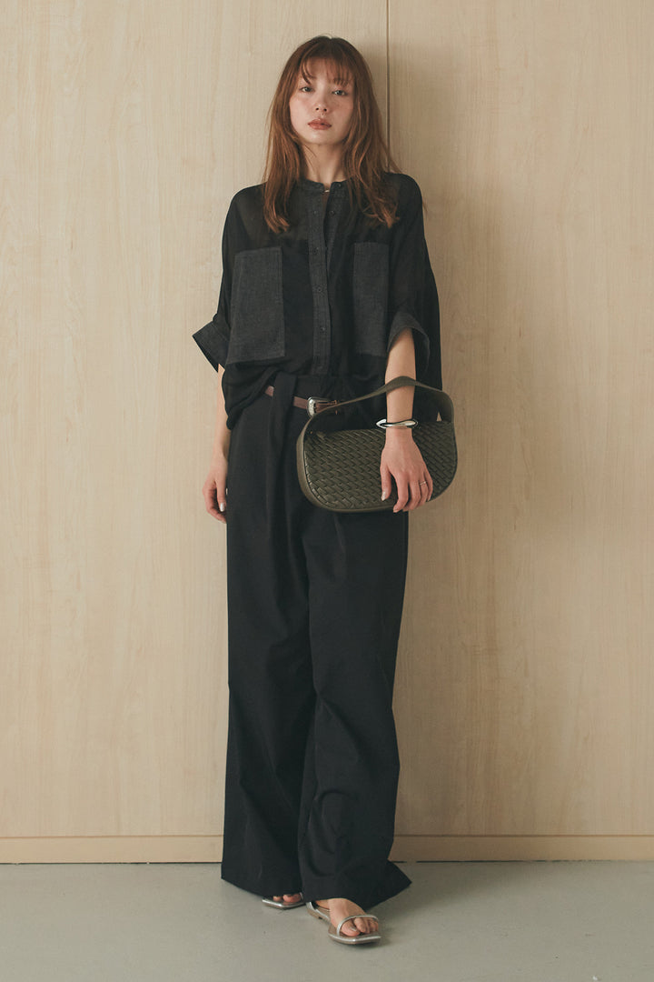 [SET]デニムライクビッグツーポケシアーシャツ+ベルトループデザインハイウエストタックパンツ(2set)