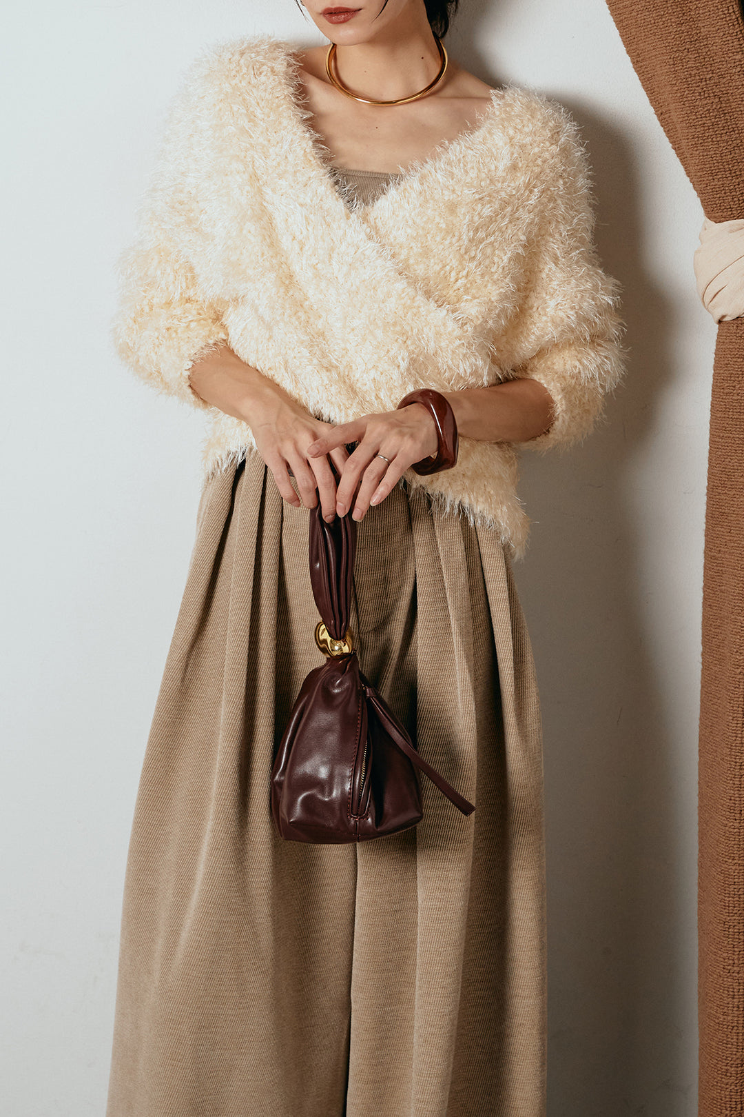 [SET]シャギークロスニットトップス+ベルトループコーデュロイワイドパンツ(2set)