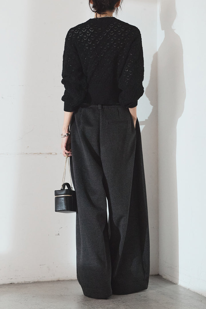 [SET]透かし編みニットジップスリットプルオーバー+ウールタッチカーブワイドパンツ(2set)