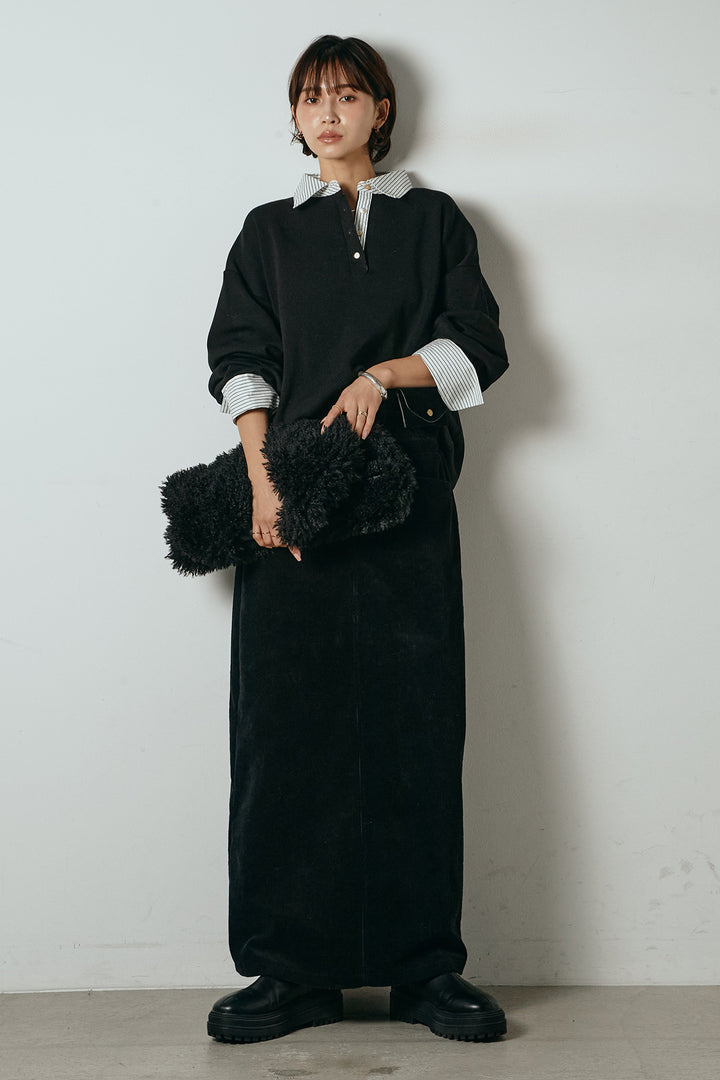 [SET]ストライプシャツドッキングポロトップス+ポーチベルト付きコーデュロイワイドスカート(2set)