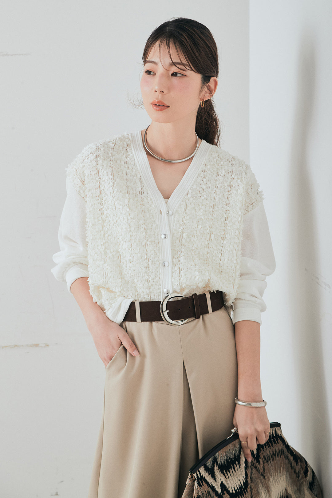 [SET]モコレースVネックカーディガン+太ベルト付きフロントタックパンツ(2set)