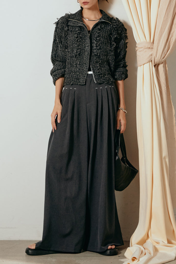 [SET]ハイネックフリンジジップニットトップス+ウエストステッチデザインワイドスラックス(2set)