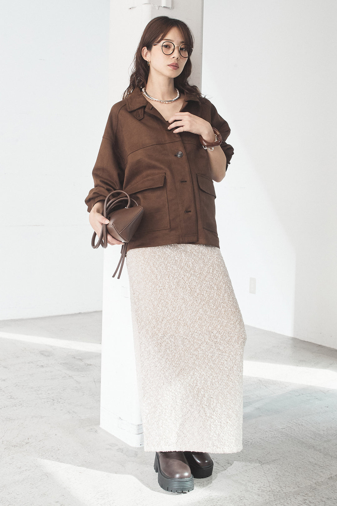 [SET]デカポケスエポンジャケット+ツイード風MIXスラブスカート(2set)