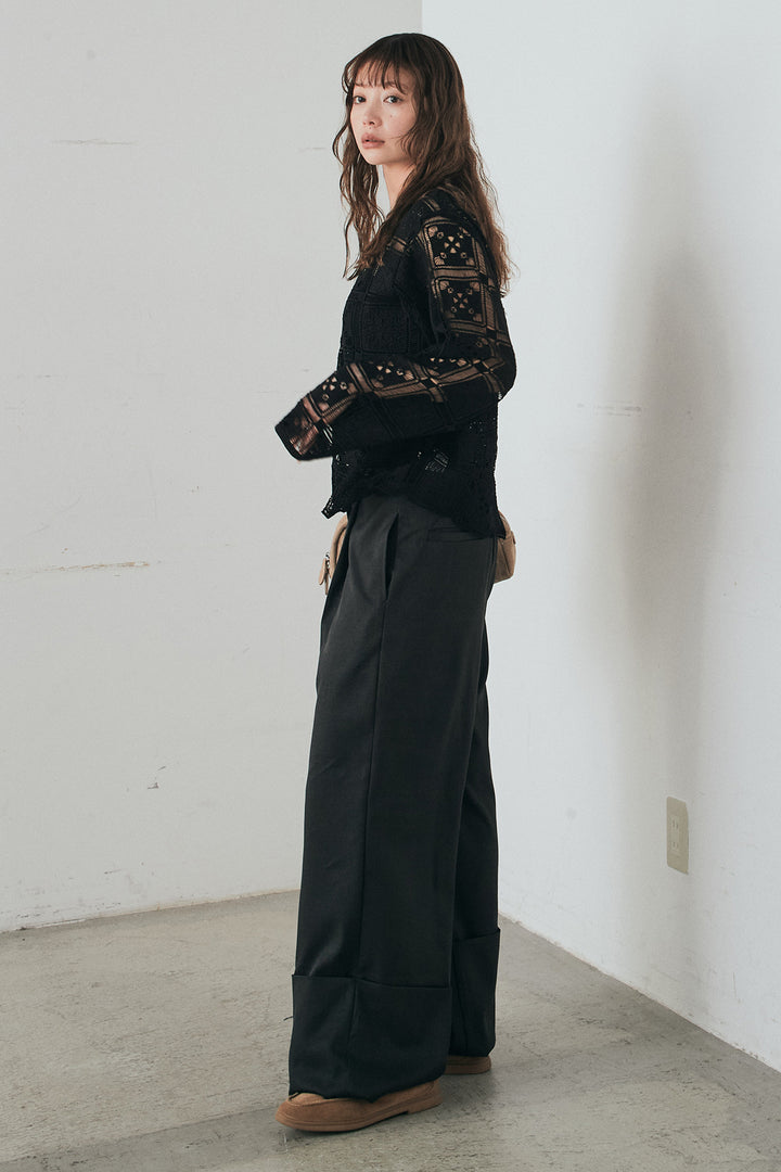 [SET]クロシェレースカーディガン+センタープレスセミワイドパンツ(2set)