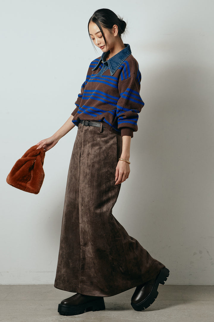 [SET]デニムレイヤード風ランダムボーダーニットプルオーバー+エコスウェードワイドスカート(2set)