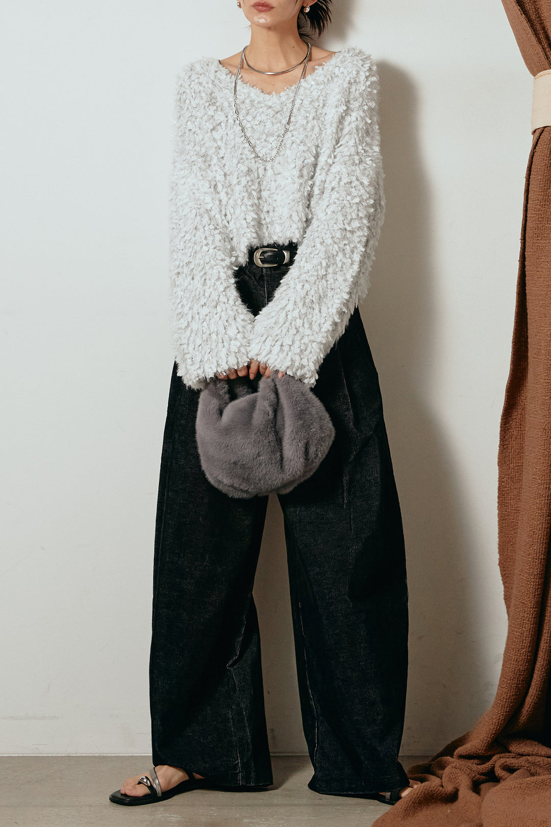 [SET]深Vネックチョウチョヤーンニットトップス+フロントタック入りコーデュロイパンツ(2set)