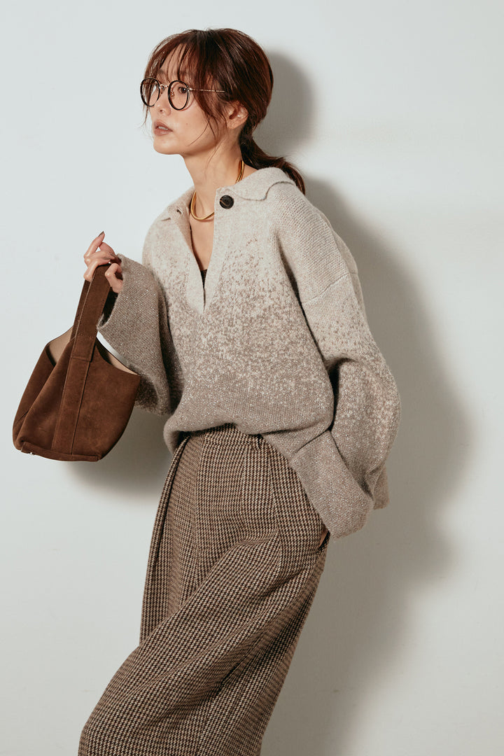 [SET]グラデーションラメニットキーネックプルオーバー+ガンクラブチェックタックパンツ(2set)