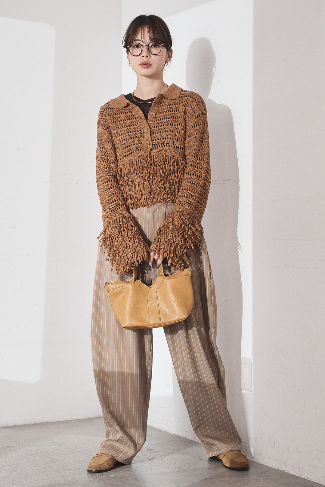[SET]メッシュフリンジカーディガン+ヘリンボーンストライプツータックパンツ(2set)