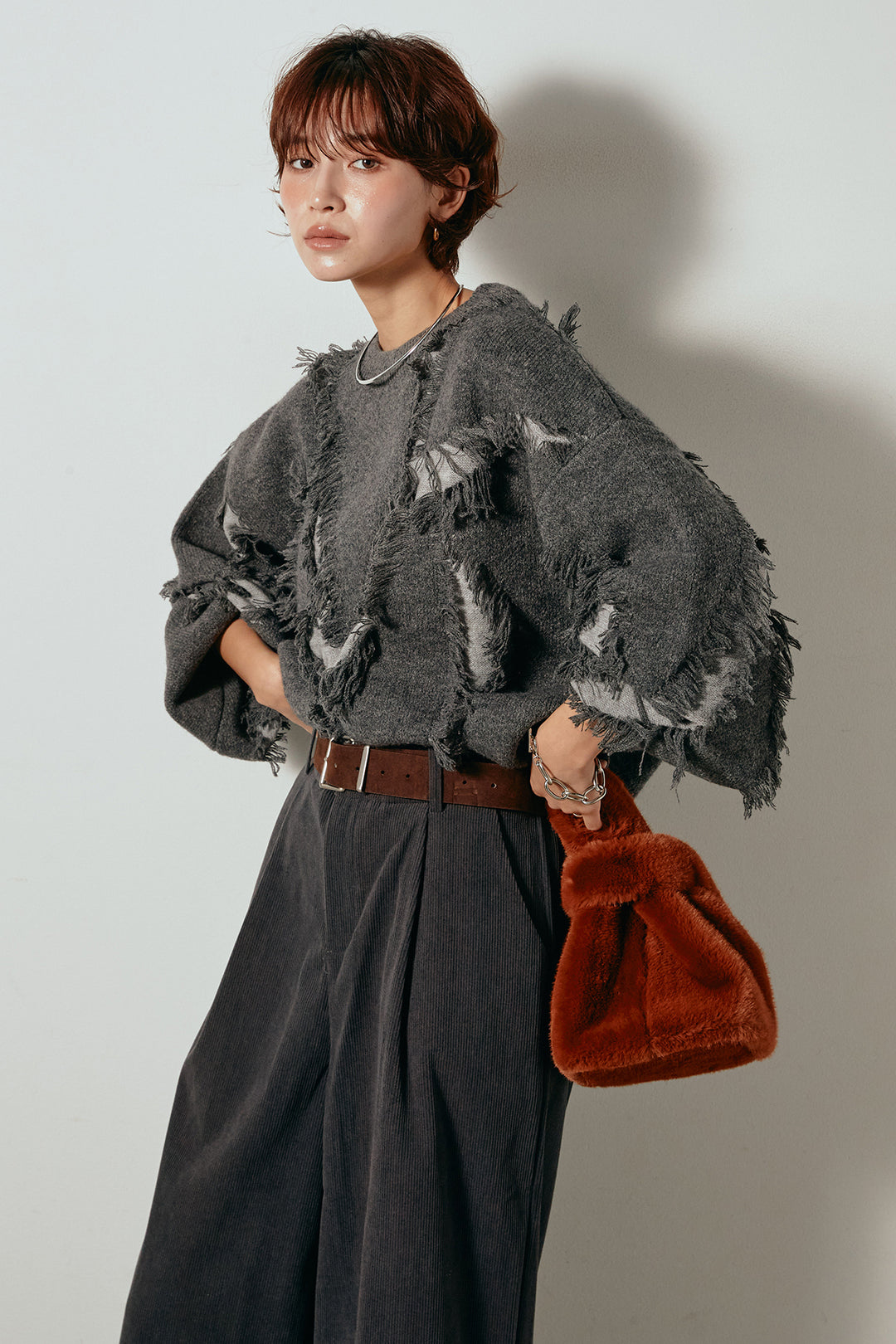 [SET]シャギージャガードニットトップス+太ベルト付きコーデュロイタックパンツ(2set)