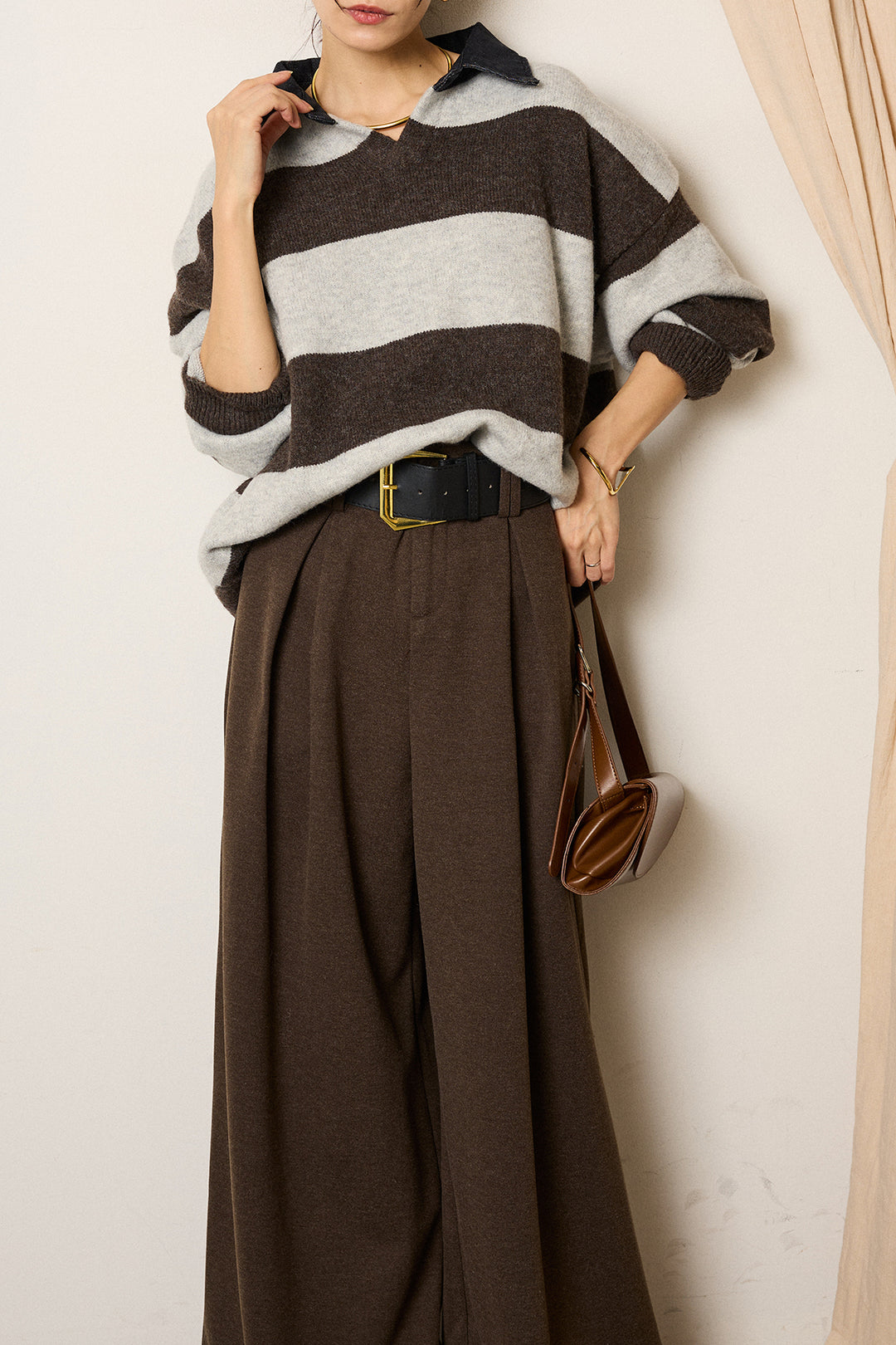 [SET]デニムカラーボーダールーズニット+ゴールドバックル太ベルト付きワイドパンツ(2set)