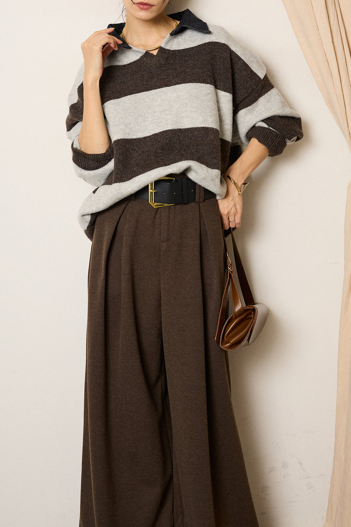 [SET]デニムカラーボーダールーズニット+ゴールドバックル太ベルト付きワイドパンツ(2set)