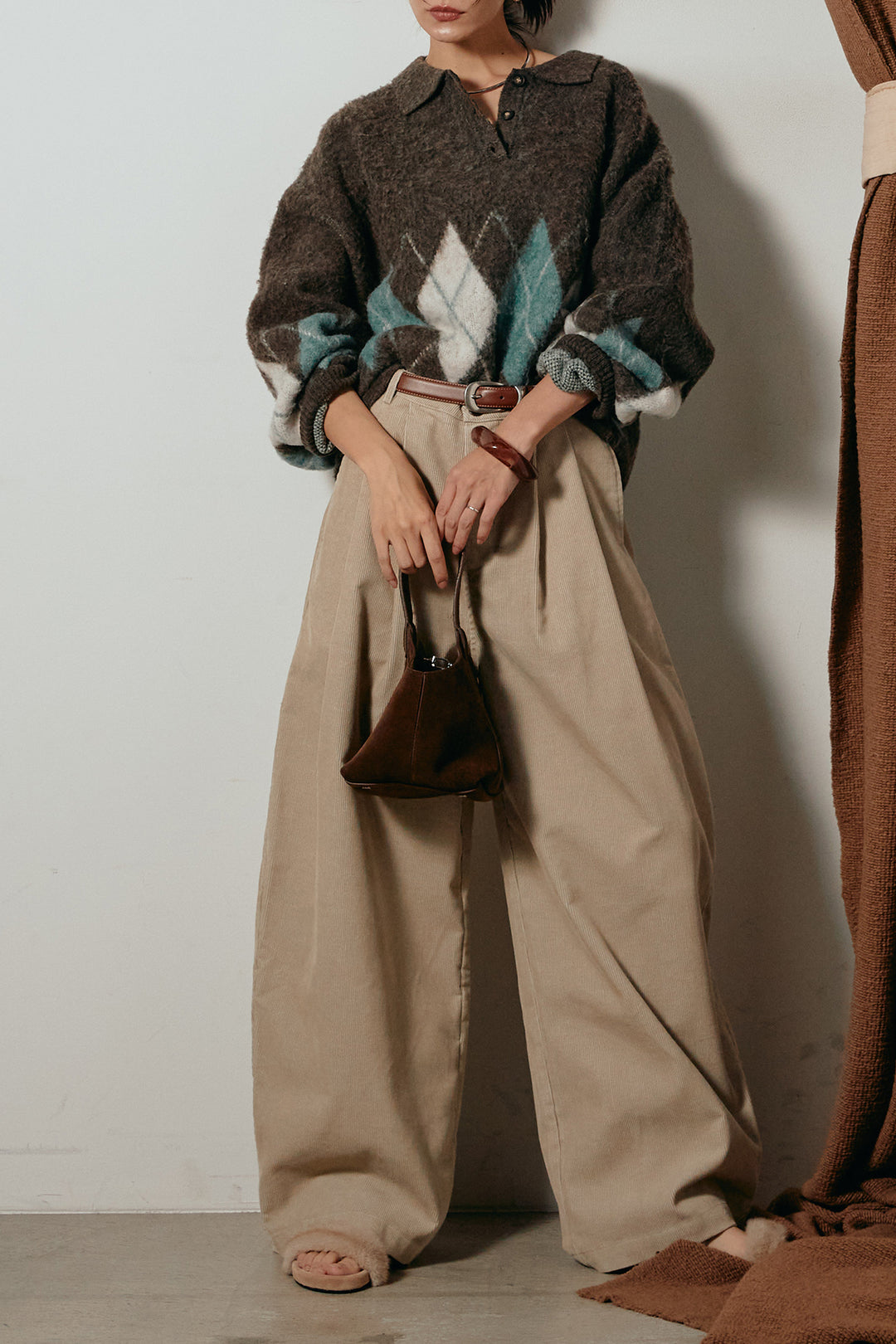 [SET]アーガイル柄ポロニットトップス+フロントタック入りコーデュロイパンツ(2set)