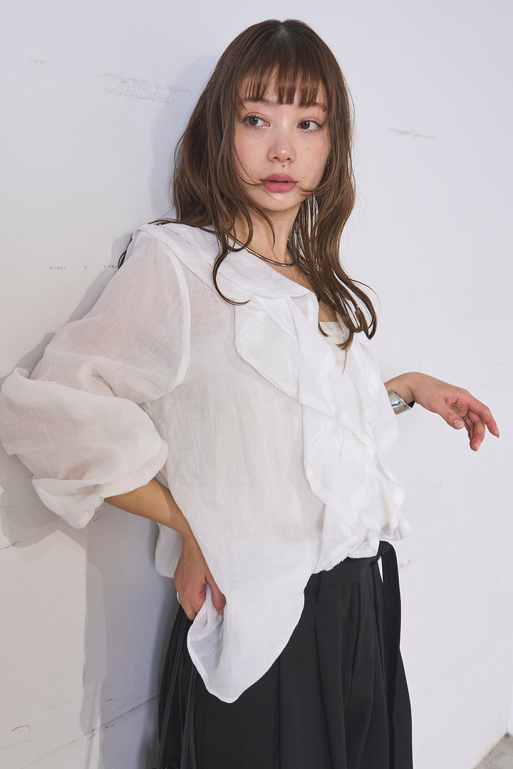 [SET]フリルボタンブラウス+紐ベルト付きカーブワイドパンツ(2set)