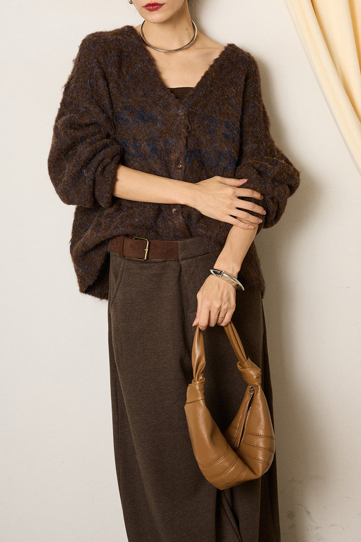 [SET]ウール混透かしロゴニットカーディガン+サイドベルトパンツ(2set)