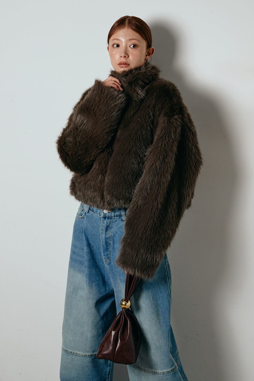 [SET]エコファーショート丈ブルゾン+加工デニムタックコクーンワイドパンツ(2set)