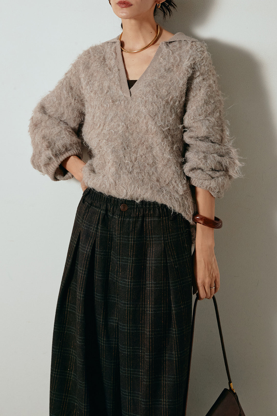 [SET]襟付きシャギーニットポロトップス+タータンチェック柄タックパンツ(2set)