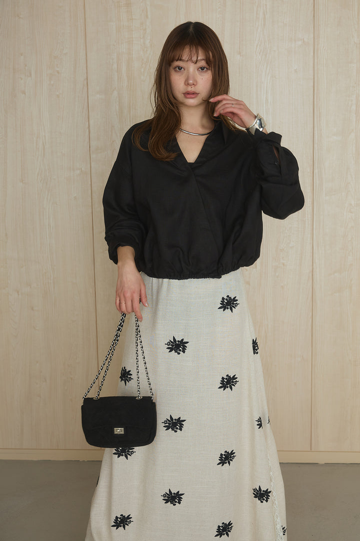 [SET]麻混襟付きトップス+レースコンビフラワー刺繍柄スカート(2set)