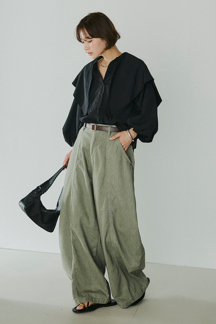 [SET]ケープカラーナイロンブラウス+サイドベルトカーブワイドパンツ(2set)