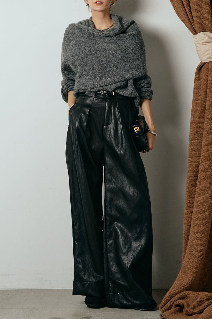 [SET]ネック巻きデザインニットトップス+ベルト付きレザーライクタックパンツ(2set)