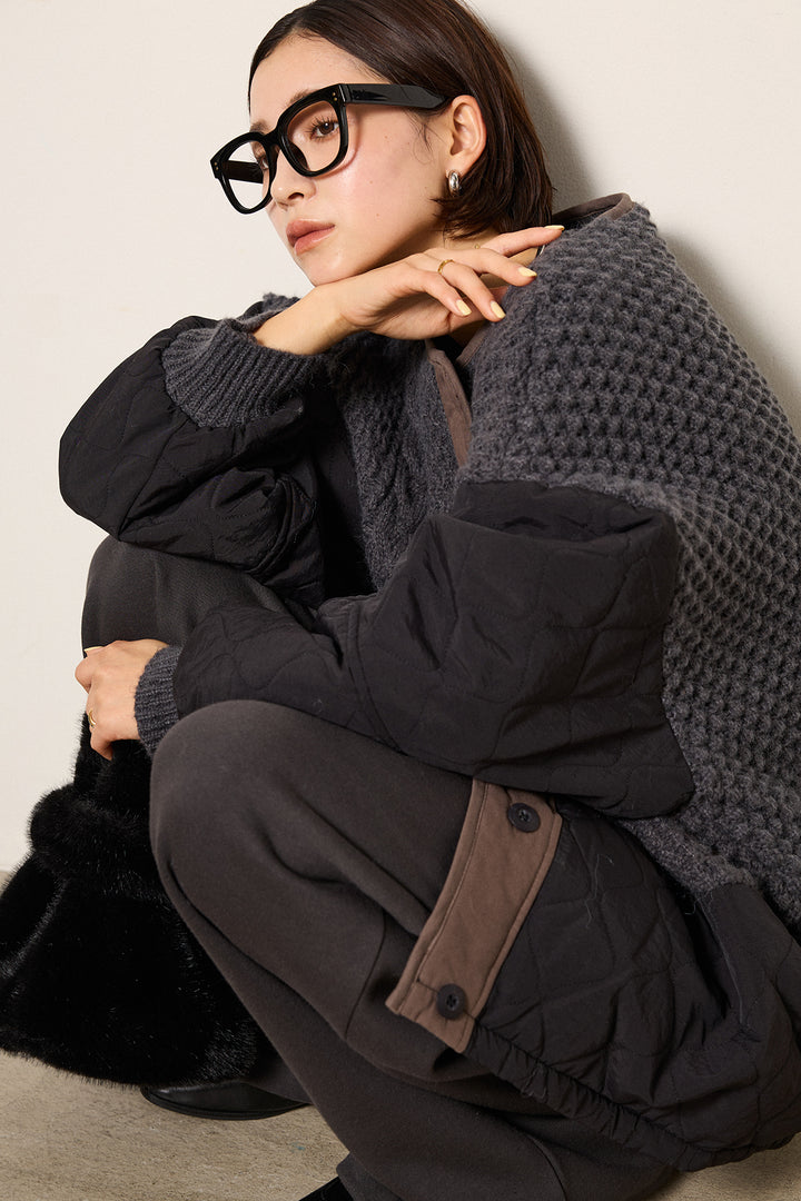 [SET]アラン編みニットノーカラー裾キルティングブルゾン+裏起毛スウェットワイドパンツ(2set)