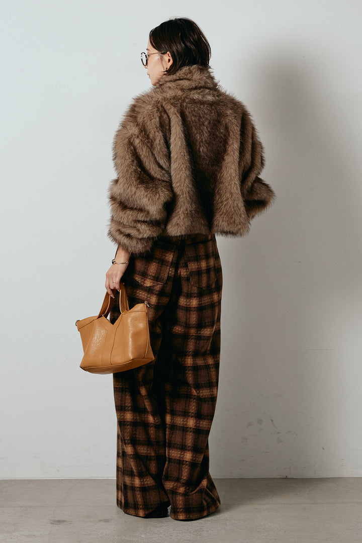 [SET]エコファーショート丈ブルゾン+ルーズタータンチェックワイドパンツ(2set)