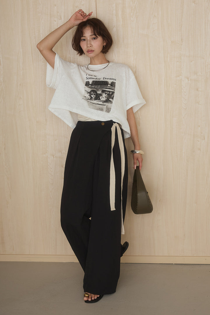 [SET]グラフィックサムデイワイドクロップドT+異素材ベルト付きラップ風ニュアンスワイドパンツ(2set)
