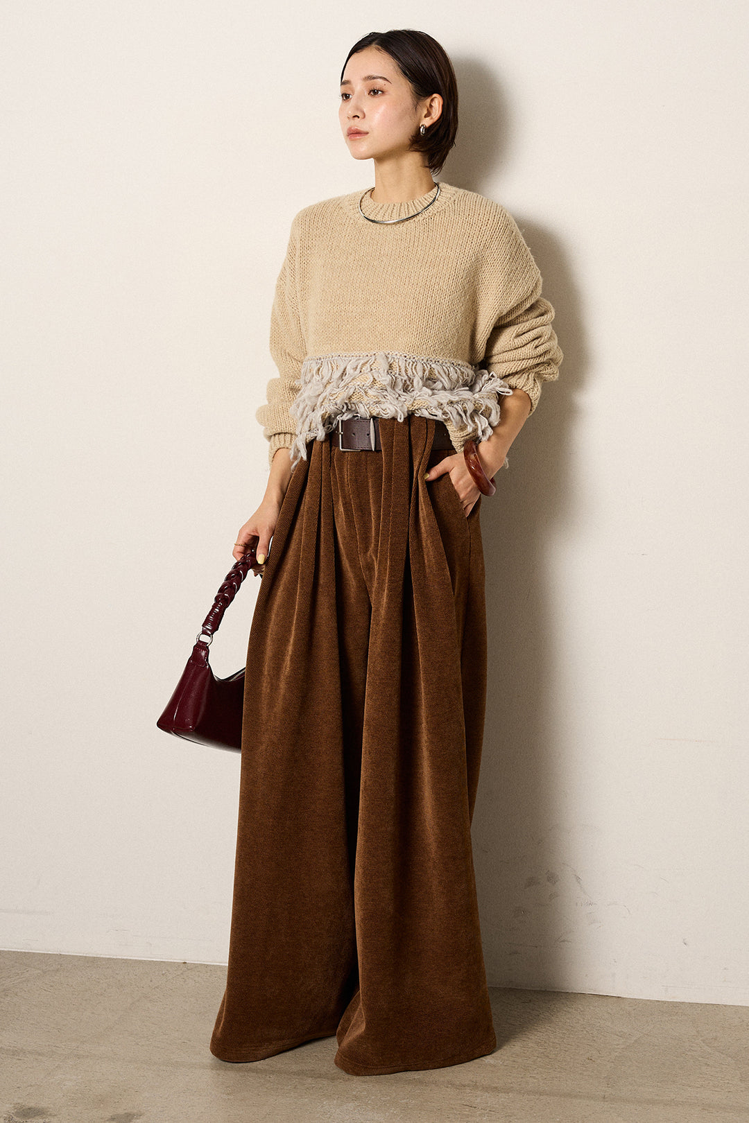 [SET]ループ編み切り替えニットプルオーバー+ベルトループコーデュロイワイドパンツ(2set)
