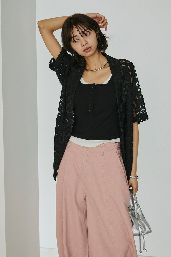 [SET]シアージャガードハーフスリーブテーラードジャケット+サイドベルトカーブワイドパンツ+配色ヘンリーネックタンクトップ(3set)