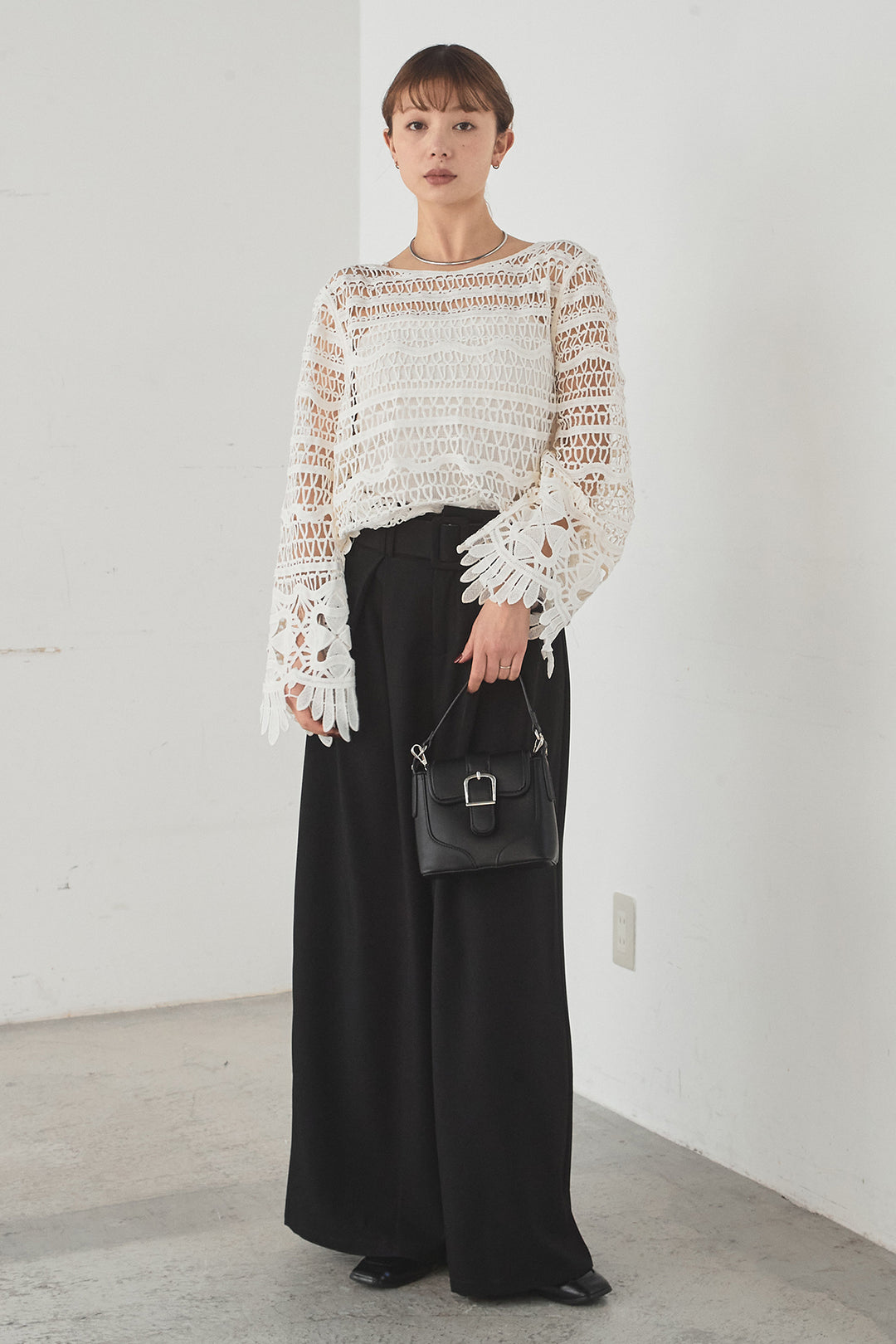 [SET]裾デザインメッシュプルオーバー+ベルト付きツータックワイドパンツ(2set)