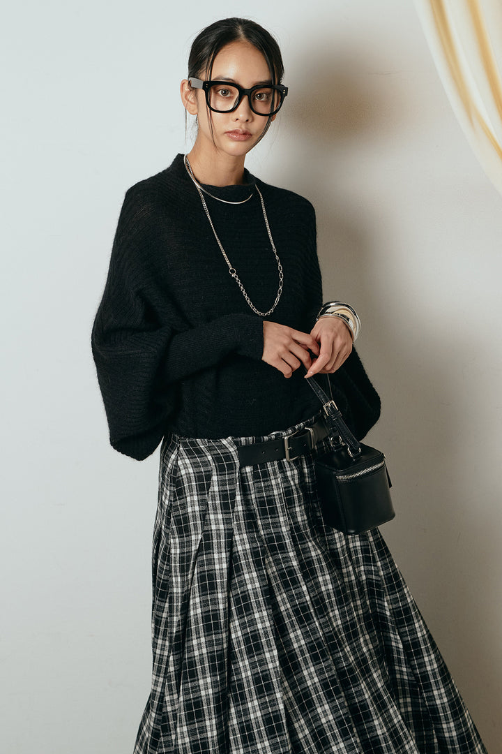 [SET]ポンチョシルエット透かしニットトップス+ベルト付きタータンチェックプリーツスカート(2set)