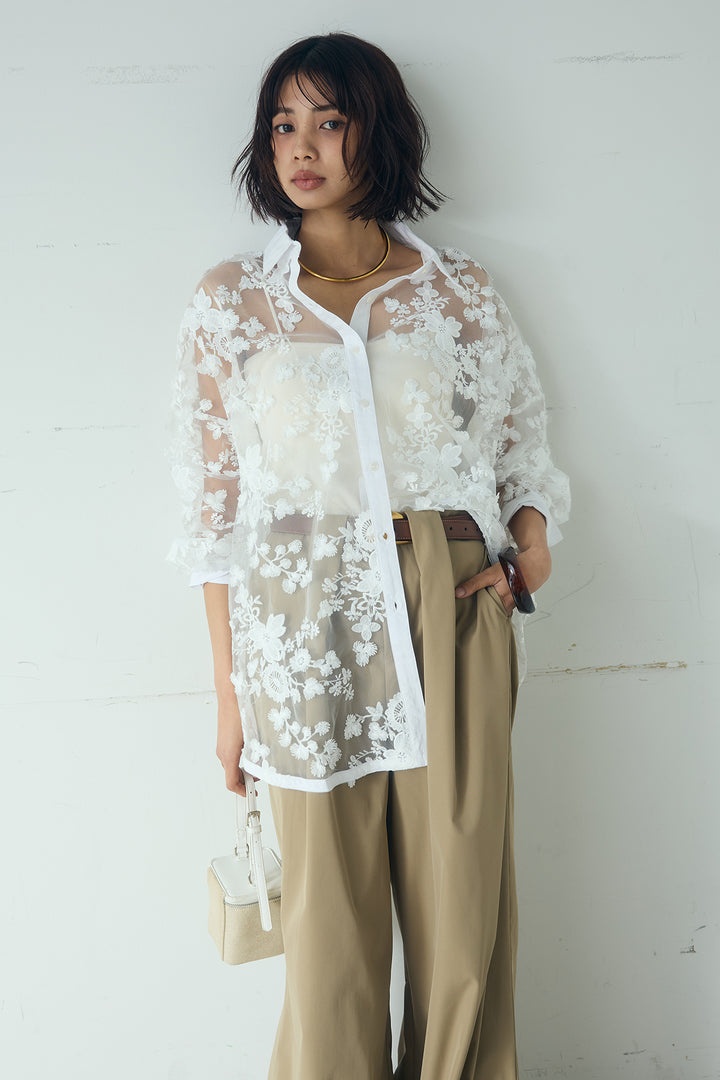 [SET]立体フラワー刺繍レースシャツ+ベルトループデザインハイウエストタックパンツ(2set)