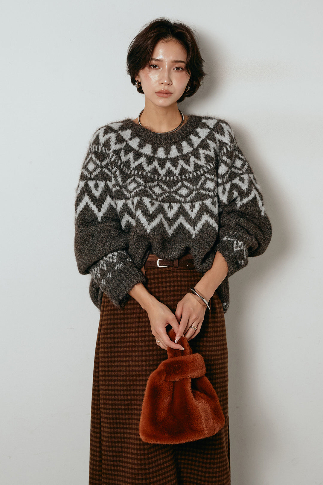 [SET]ノルディック柄Uネックプルオーバー+スエード調ベルト付きチェックナロースカート(2set)