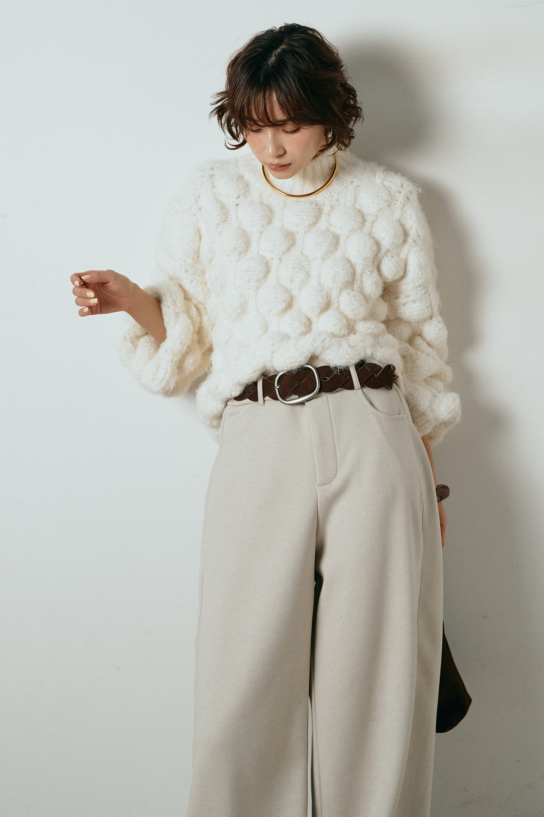 [SET]ボリュームポップコーンニットトップス+編みベルト付きワイドパンツ(2set)