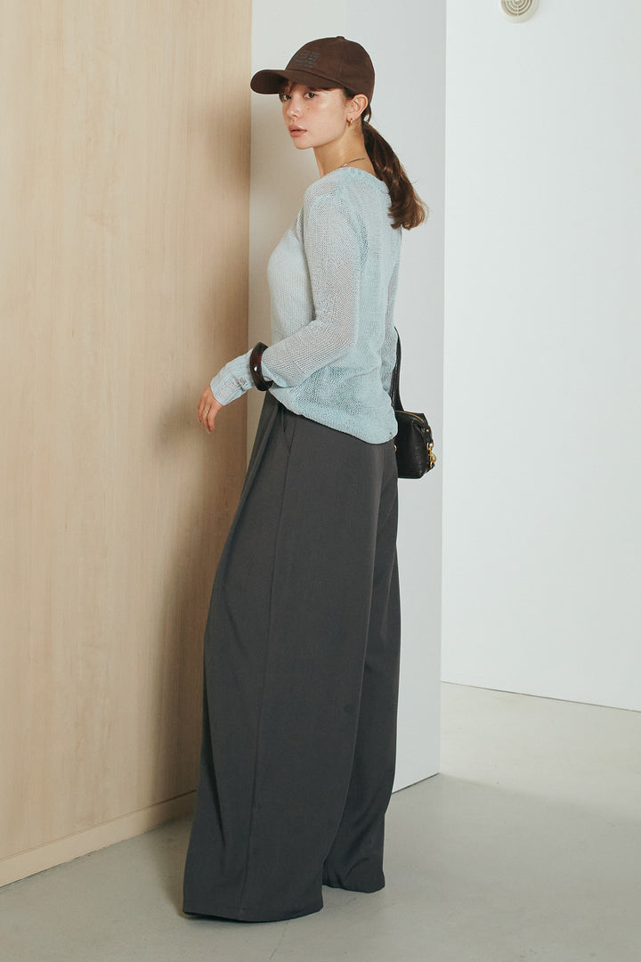 [SET]ヘンリーネックダメージニットプルオーバー+ビックベルトループタックベルト付きワイドパンツ(2set)