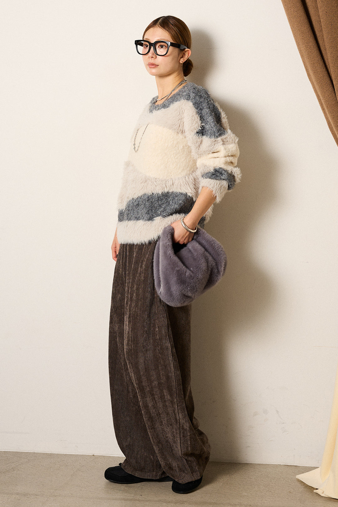 [SET]シャギーウェーブ柄クルーネックニットトップス+かすれデザインワイドパンツ(2set)