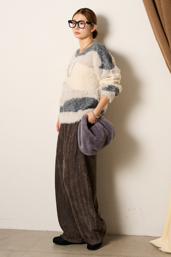 [SET]シャギーウェーブ柄クルーネックニットトップス+かすれデザインワイドパンツ(2set)