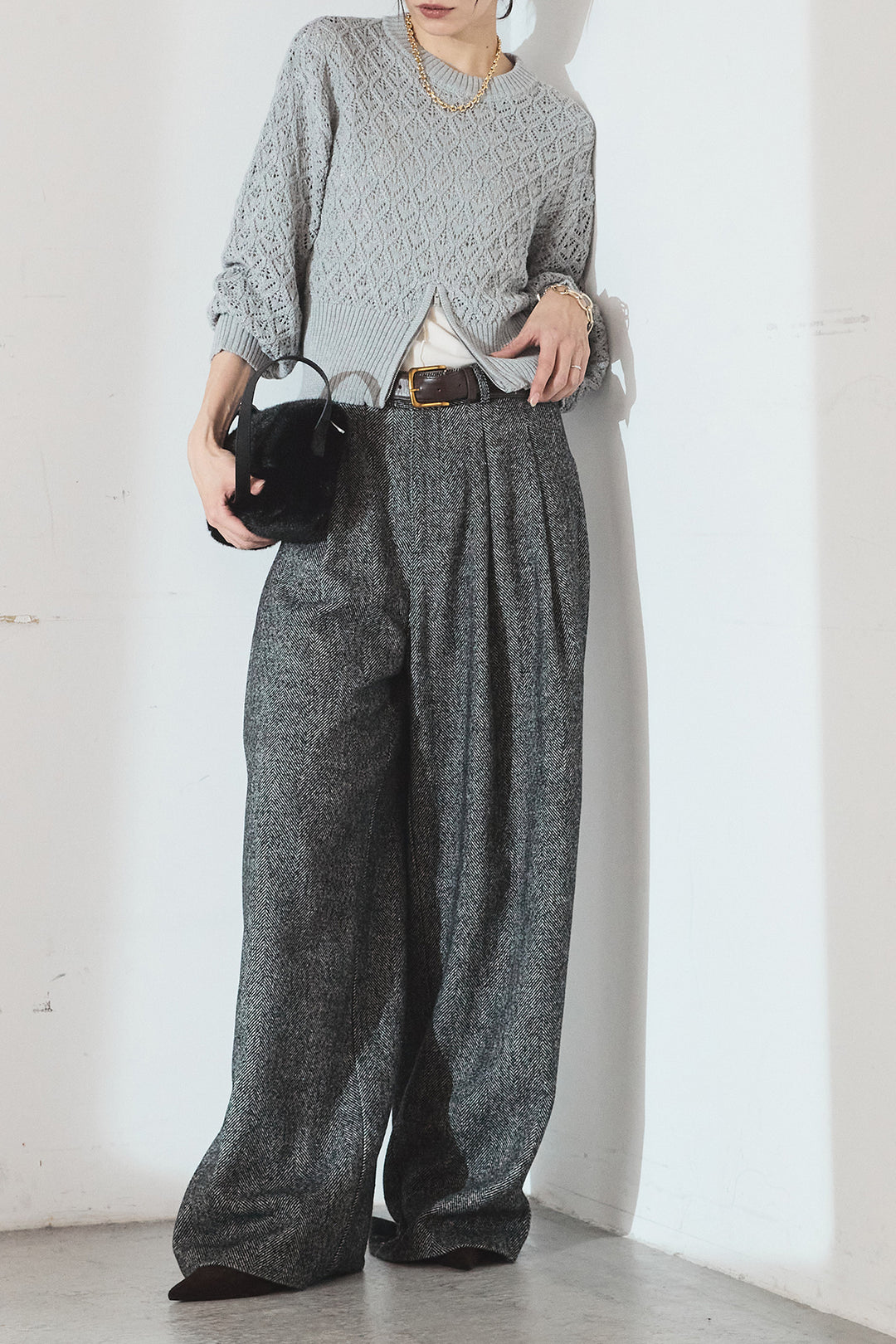 [SET]透かし編みニットジップスリットプルオーバー+タックツイードワイドパンツ(2set)