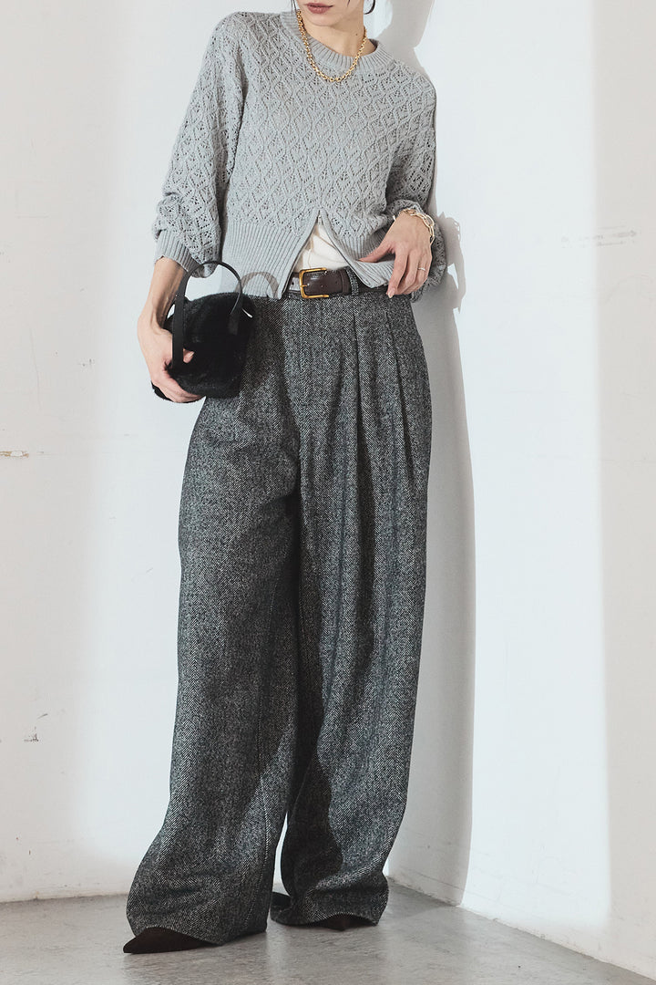 [SET]透かし編みニットジップスリットプルオーバー+タックツイードワイドパンツ(2set)