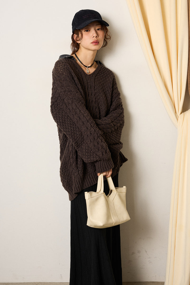 [SET]デニムカラーケーブルオーバーニット+編み地切り替えフレアニットスカート(2set)