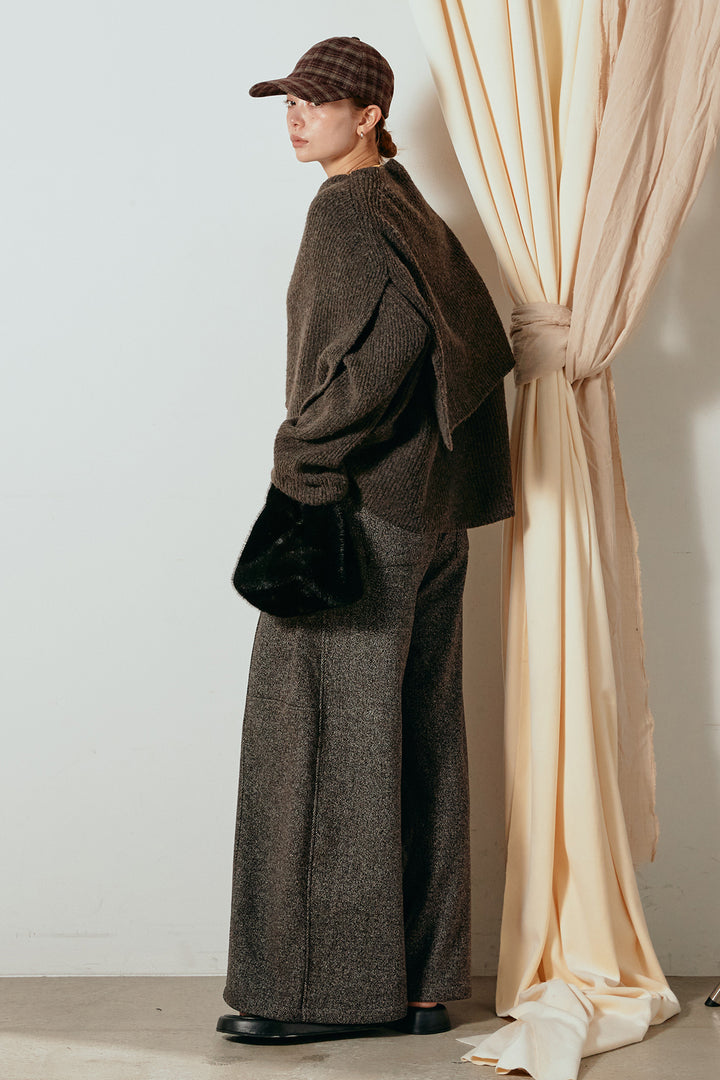[SET]ケープデザインリブニットトップス+太ベルト付きツイードワイドパンツ(2set)