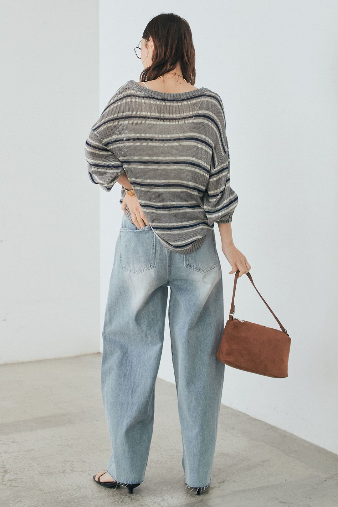 [SET]綿タッチVネックボーダートップス+デニムヨークパンツ(2set)