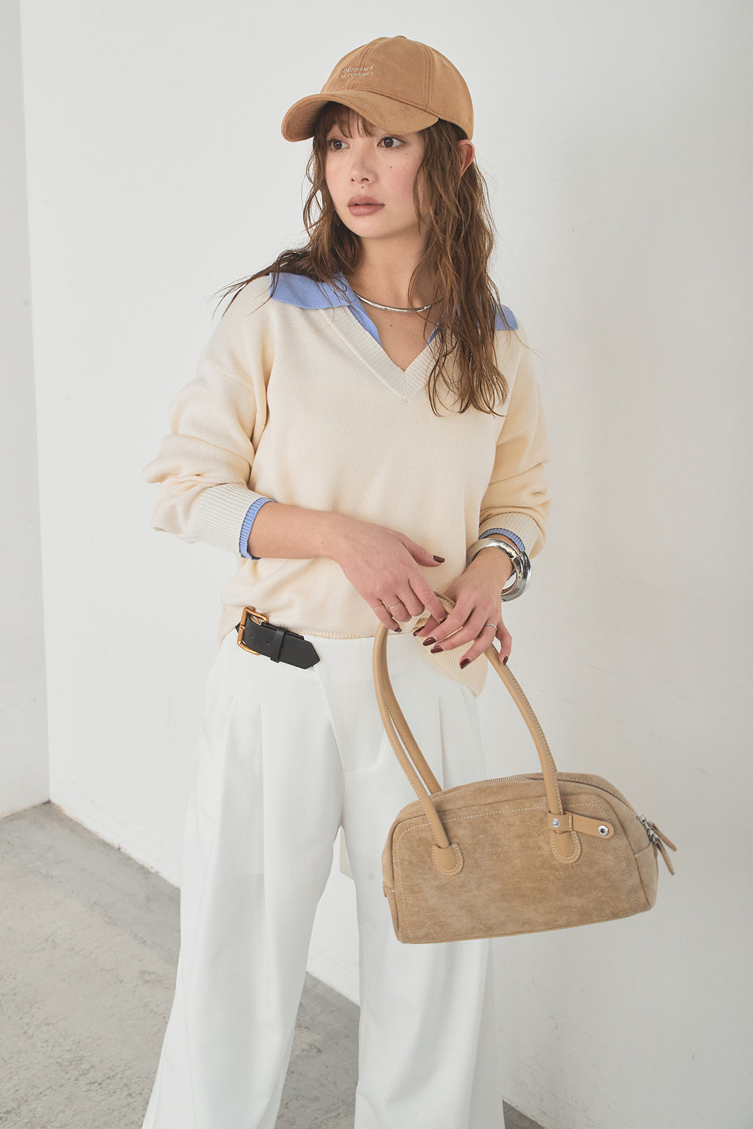 [SET]バイカラーニットレイヤード風プルオーバー+サイドベルトタック入りスラックス(2set)