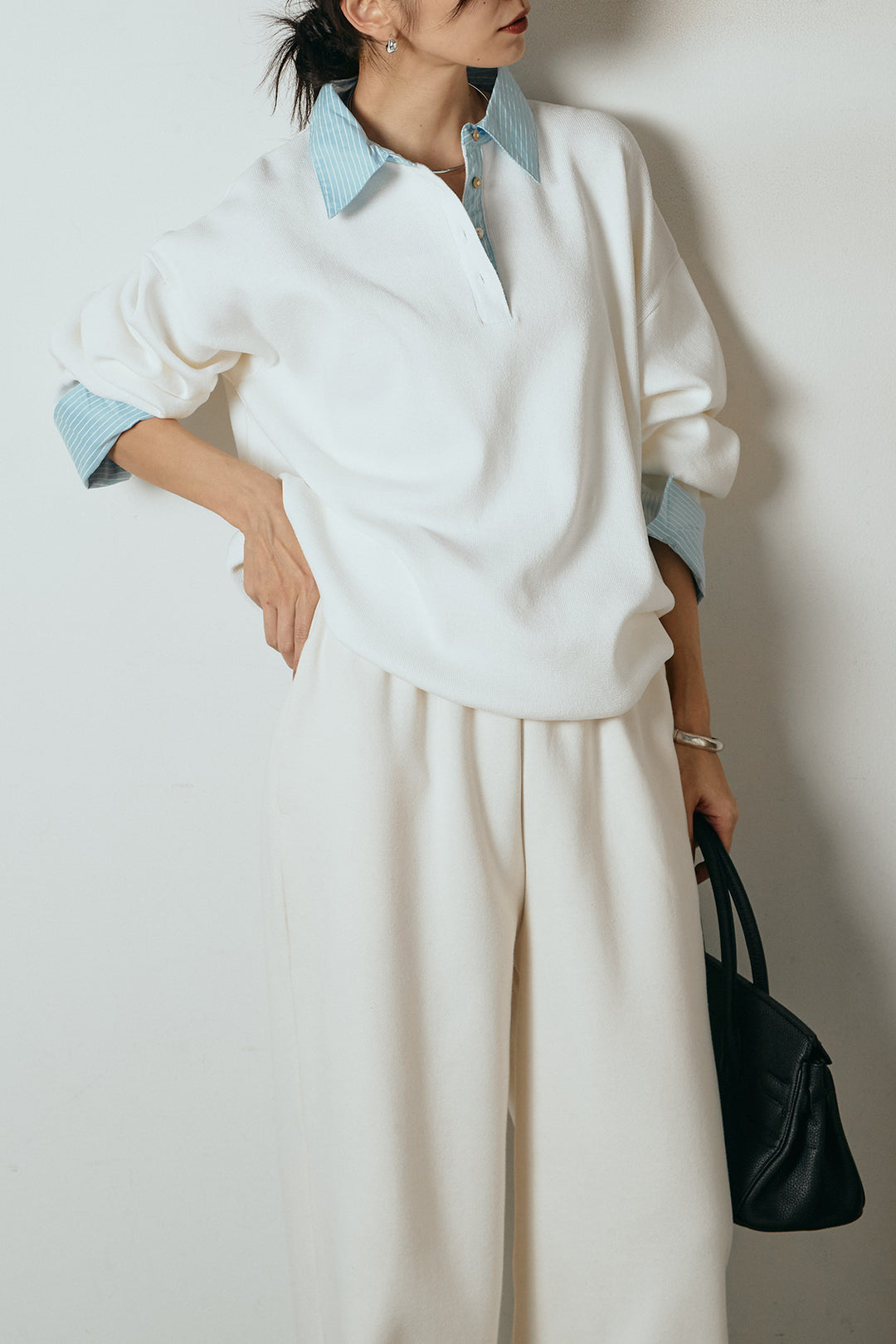 [SET]ストライプシャツドッキングポロトップス+裏起毛スウェットワイドパンツ(2set)