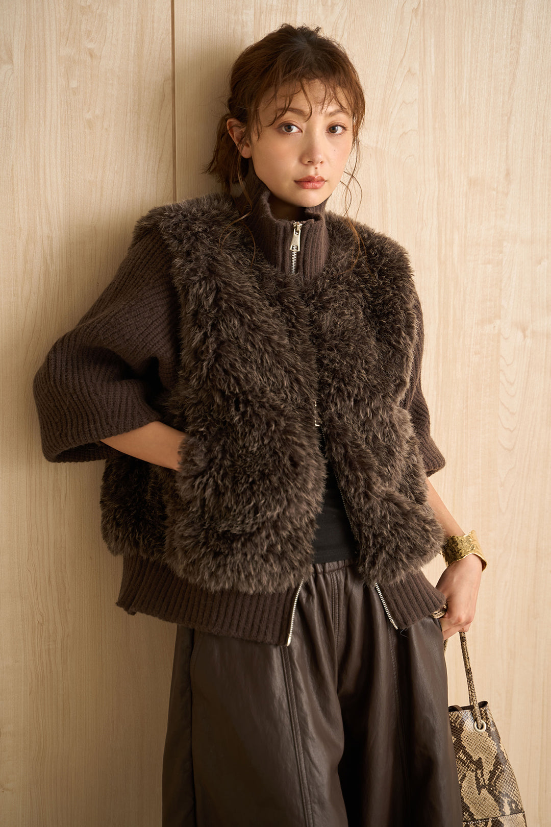 [SET]ファーコンビニットジップブルゾン+フェイクレザーカーブワイドパンツ(2set)