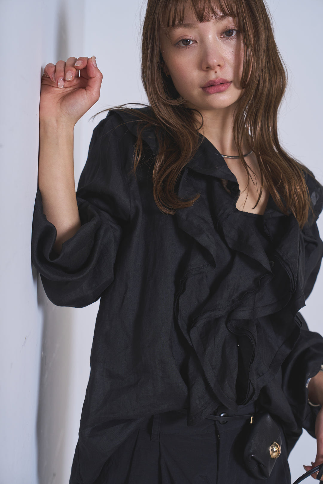 [SET]フリルボタンブラウス+ドライタフタタックバレルパンツ(2set)