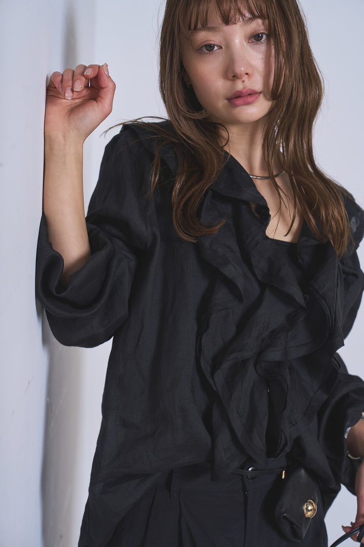 [SET]フリルボタンブラウス+ドライタフタタックバレルパンツ(2set)